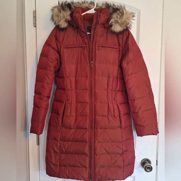 Lands' End Women's Brick Red Puffer Coat with Faux Fur Hood - Picture 2 of 8